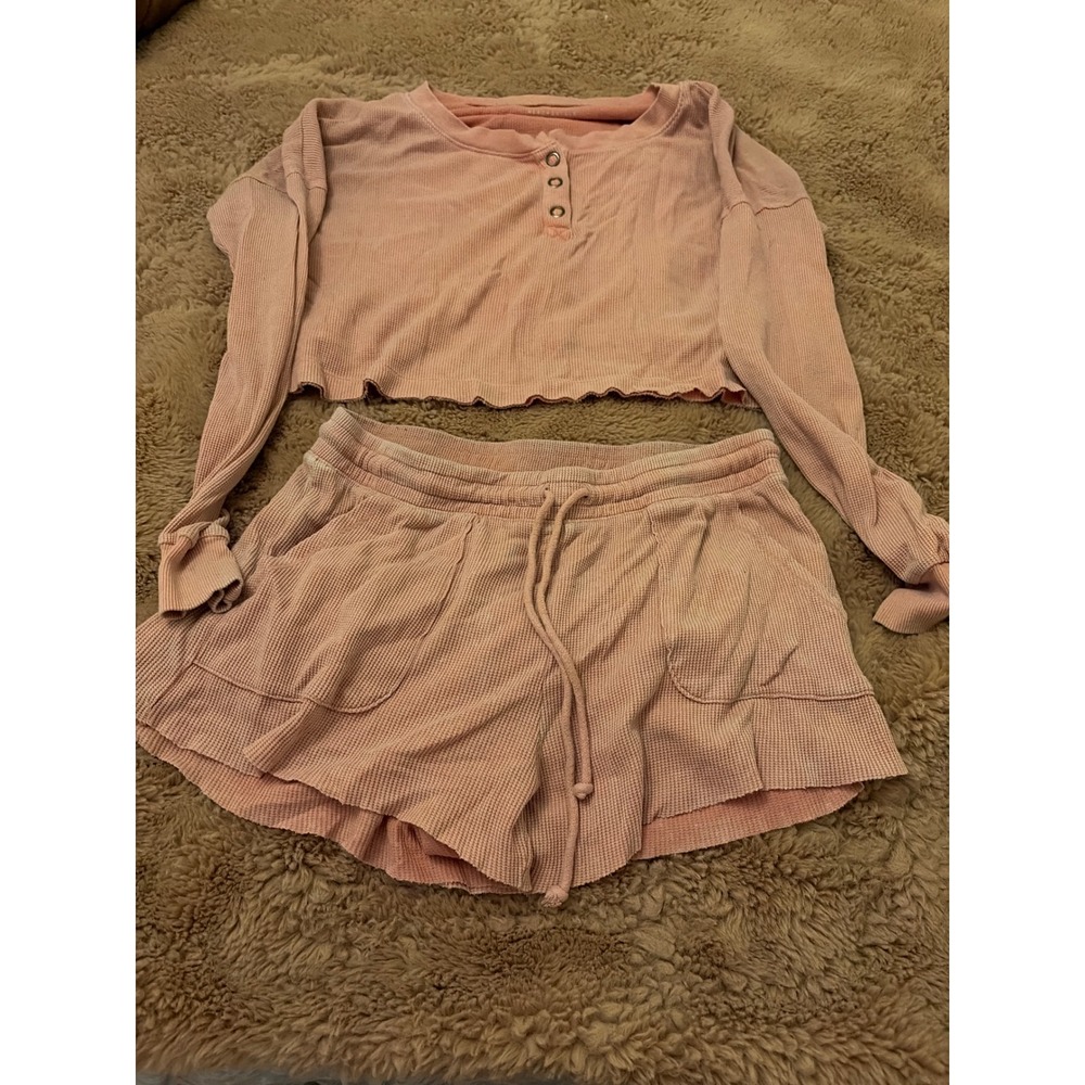 Aeropostale Pink Waffle Knit Henley Crop Top and Shorts Lounge Set Womens Medium